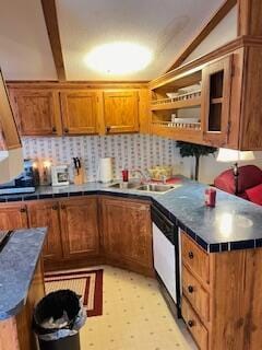 kitchen featuring vaulted ceiling, stainless steel dishwasher, and sink