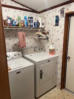 clothes washing area featuring crown molding and washer and dryer