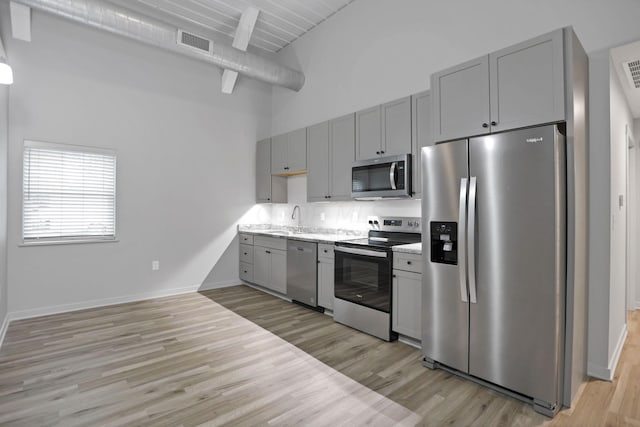 kitchen featuring beam ceiling, gray cabinets, light wood-type flooring, and appliances with stainless steel finishes