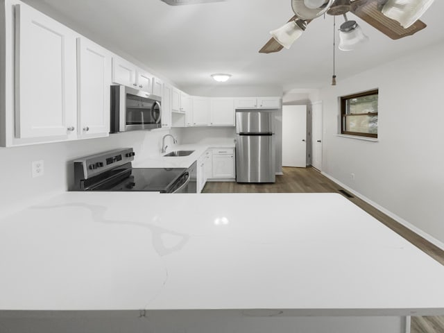 kitchen with white cabinetry, sink, ceiling fan, dark hardwood / wood-style floors, and appliances with stainless steel finishes