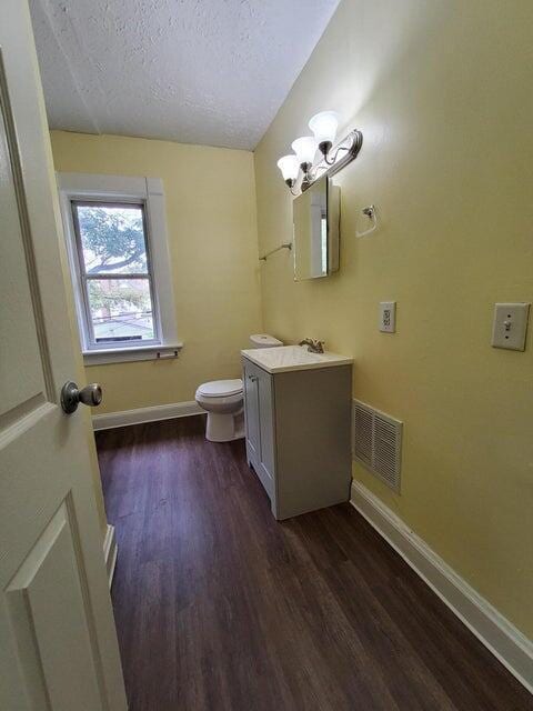 bathroom featuring wood-type flooring, vanity, a textured ceiling, and toilet