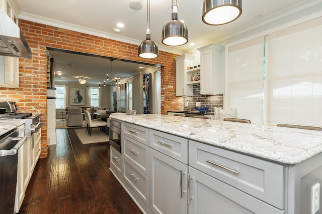 kitchen with appliances with stainless steel finishes, light stone counters, ventilation hood, dark wood-type flooring, and pendant lighting