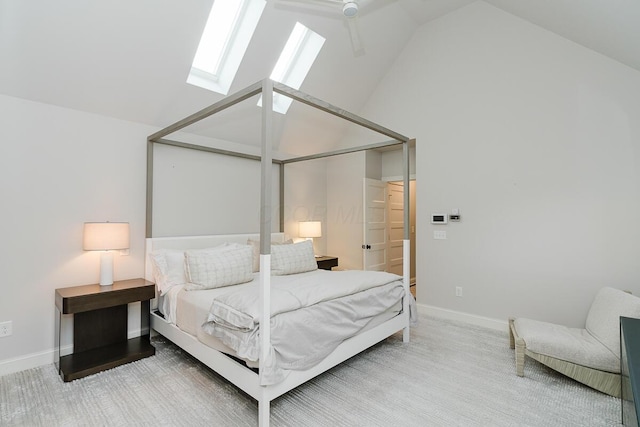 bedroom with carpet flooring, ceiling fan, and high vaulted ceiling