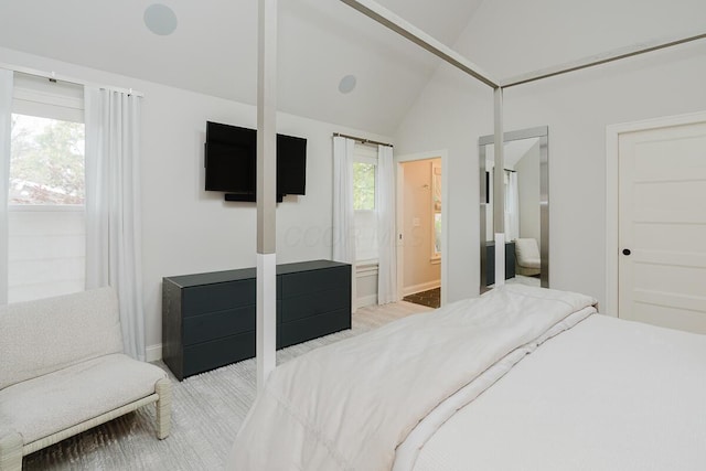 carpeted bedroom featuring ensuite bathroom and lofted ceiling