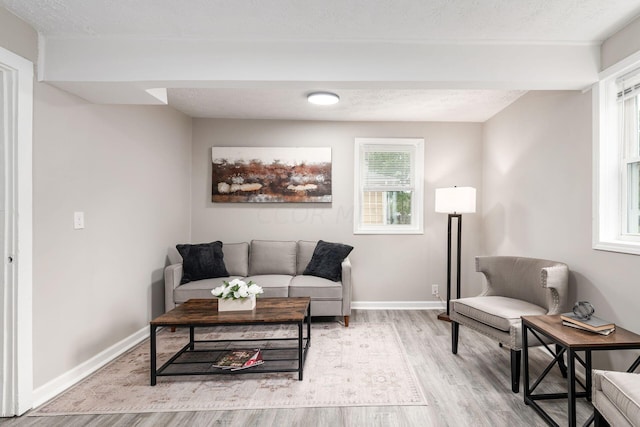 living room with a textured ceiling, light hardwood / wood-style floors, and a healthy amount of sunlight