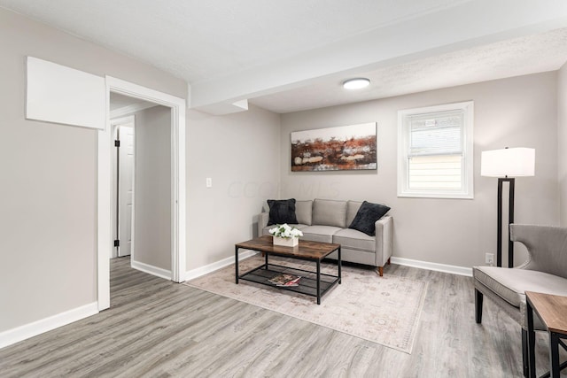 living room featuring light wood-type flooring and a textured ceiling