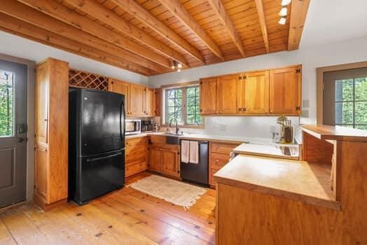 kitchen featuring black appliances, a healthy amount of sunlight, and light hardwood / wood-style flooring