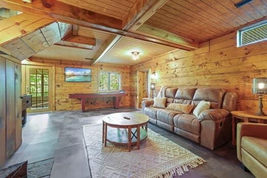 living room featuring a healthy amount of sunlight, concrete flooring, and wooden walls