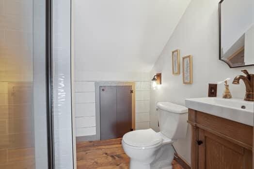 bathroom featuring walk in shower, vanity, lofted ceiling, and toilet