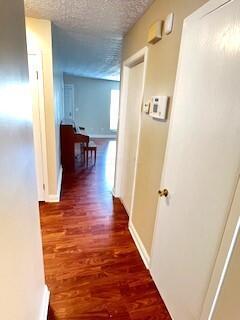 hall featuring dark hardwood / wood-style flooring and a textured ceiling