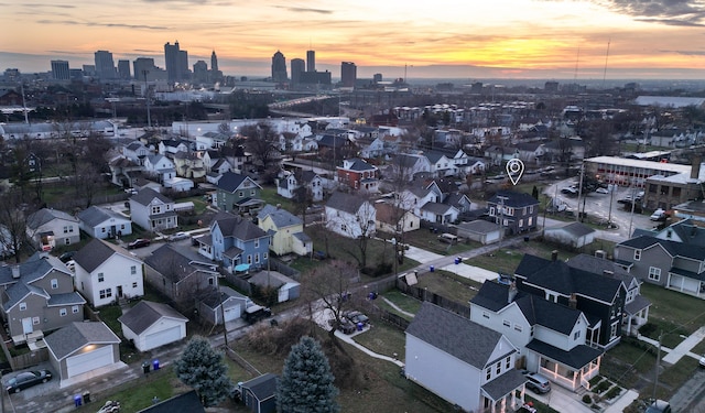 view of aerial view at dusk