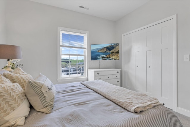 carpeted bedroom featuring a closet