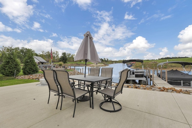 view of patio with a water view and a dock