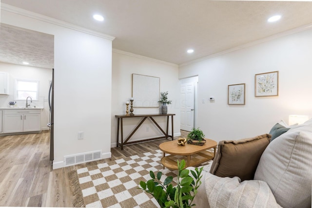 living room with sink, ornamental molding, and light hardwood / wood-style floors