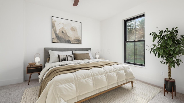 carpeted bedroom featuring ceiling fan