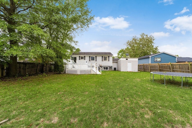 rear view of house with a trampoline, a lawn, a storage shed, and a wooden deck