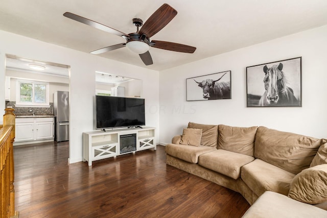 living room featuring dark hardwood / wood-style flooring and sink