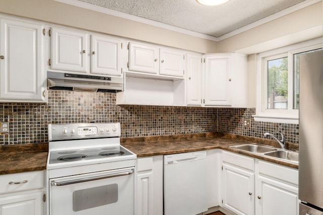 kitchen with sink, a textured ceiling, white appliances, decorative backsplash, and white cabinets