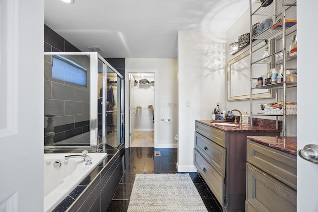 full bathroom featuring plus walk in shower, tile patterned flooring, a textured ceiling, toilet, and vanity