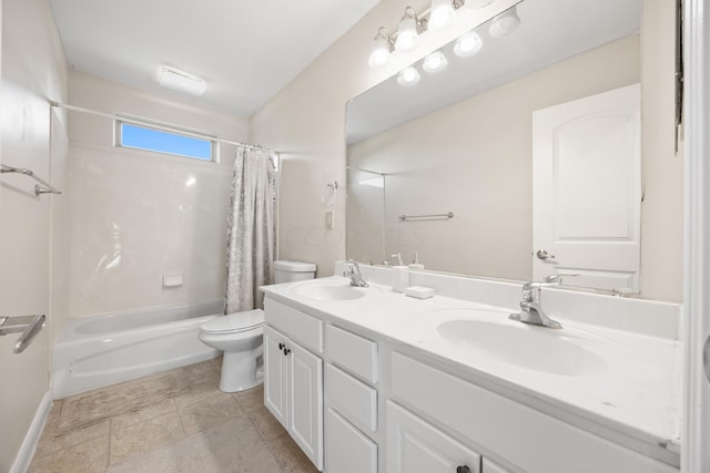 full bathroom with vanity, shower / bathtub combination with curtain, and toilet