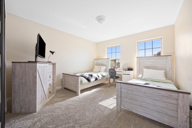 bedroom featuring light carpet