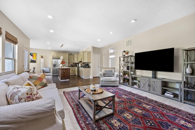 living room featuring dark wood-type flooring and a textured ceiling