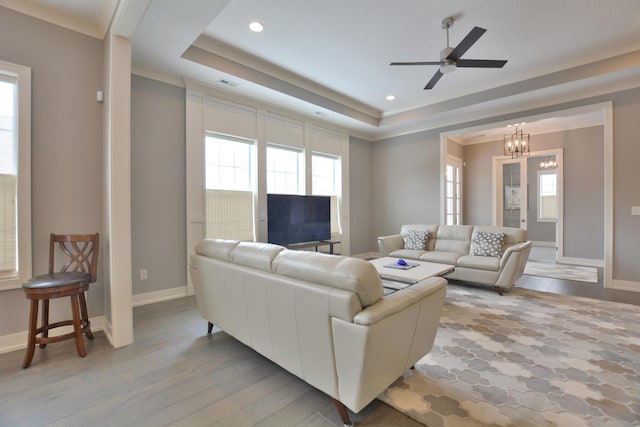 living room featuring a raised ceiling, light wood-type flooring, and plenty of natural light