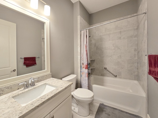 full bathroom featuring tile patterned flooring, shower / bath combination with curtain, vanity, and toilet