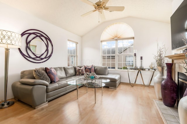 living room featuring a healthy amount of sunlight, lofted ceiling, and light hardwood / wood-style flooring