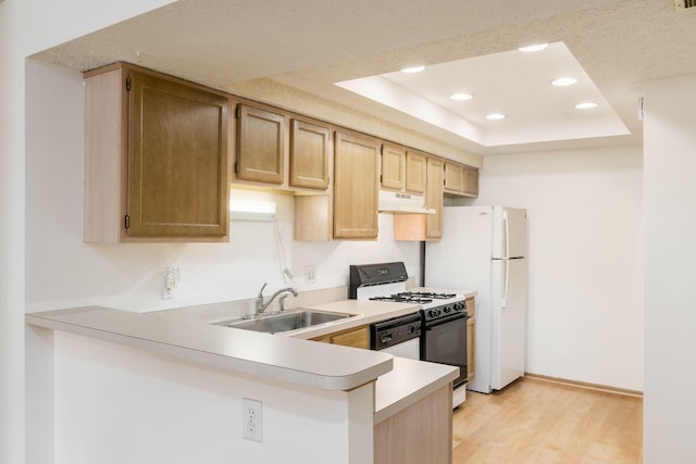 kitchen featuring kitchen peninsula, light wood-type flooring, gas range oven, a raised ceiling, and sink