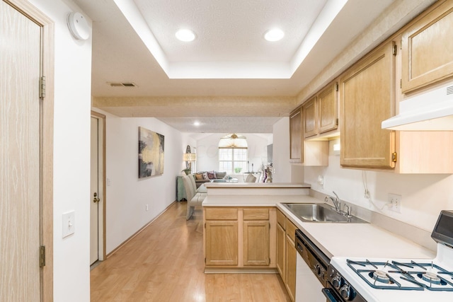 kitchen featuring a raised ceiling, light brown cabinetry, white appliances, and light wood-type flooring