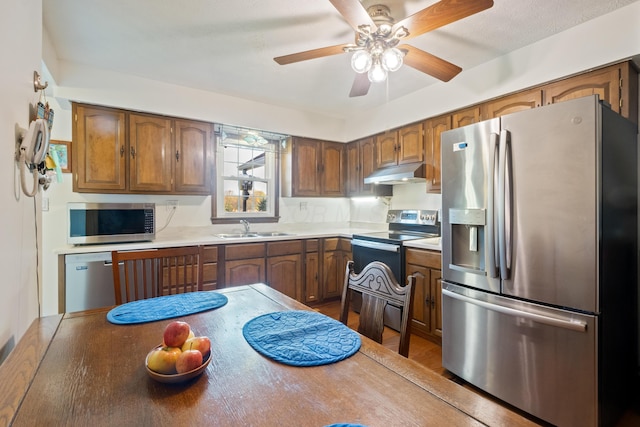 kitchen with ceiling fan, sink, and appliances with stainless steel finishes