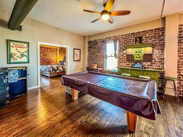 game room with ceiling fan, dark wood-type flooring, and pool table