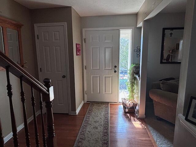 foyer entrance featuring a textured ceiling, dark hardwood / wood-style flooring, and plenty of natural light