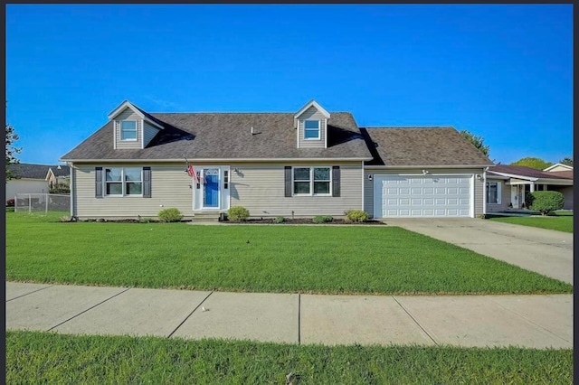 cape cod house with driveway, a front yard, entry steps, a garage, and fence