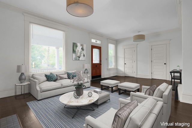 living room with dark hardwood / wood-style flooring, crown molding, and plenty of natural light