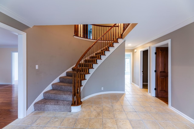 stairs featuring ornamental molding