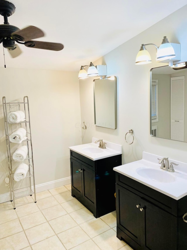 bathroom with vanity, tile patterned flooring, and ceiling fan