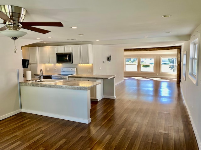 kitchen featuring dark wood-type flooring, sink, kitchen peninsula, white range with electric cooktop, and white cabinets