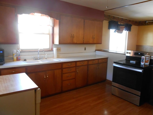 kitchen featuring wood-type flooring, sink, a wealth of natural light, and electric stove