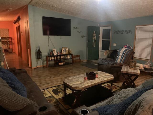 living room featuring wood-type flooring, a textured ceiling, and vaulted ceiling