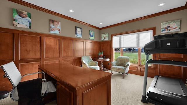 office space with light colored carpet and ornamental molding