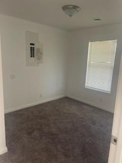 spare room with dark colored carpet and electric panel