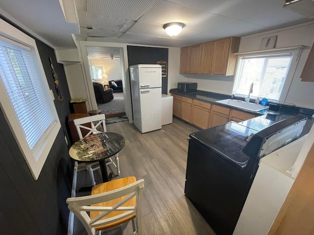 kitchen with light brown cabinetry, light hardwood / wood-style flooring, black appliances, and sink