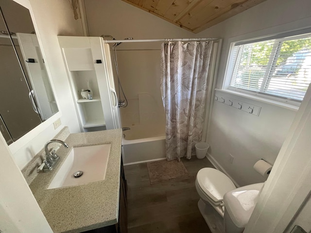 full bathroom with vanity, lofted ceiling, wooden ceiling, hardwood / wood-style flooring, and shower / tub combo