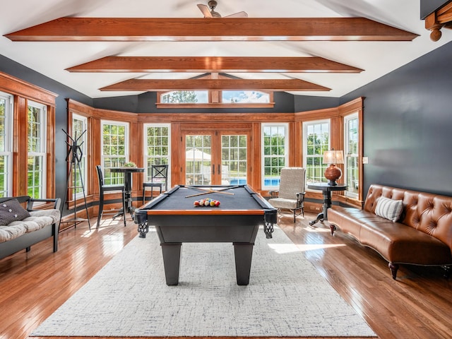 playroom featuring vaulted ceiling with beams, light hardwood / wood-style floors, and pool table