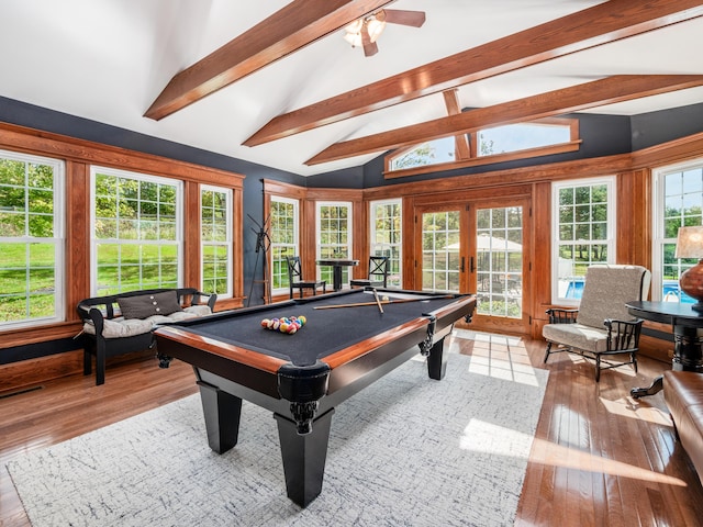 rec room with french doors, beamed ceiling, high vaulted ceiling, light wood-type flooring, and pool table