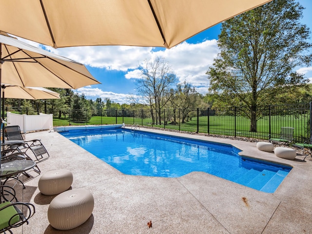 view of swimming pool with a yard and a patio