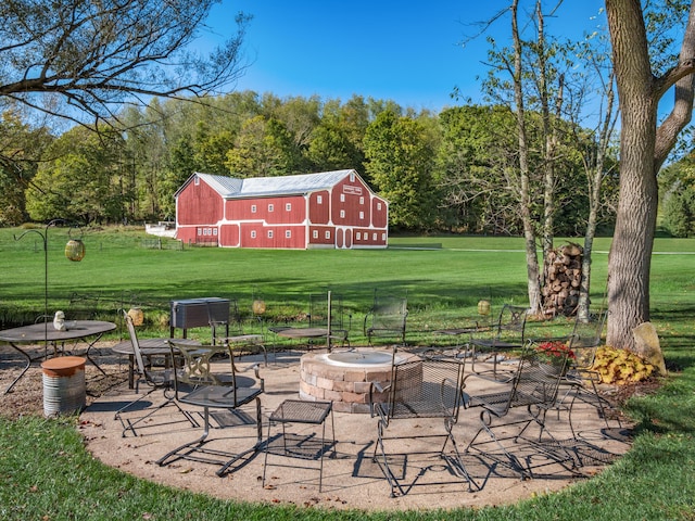 view of patio / terrace featuring an outbuilding and an outdoor fire pit