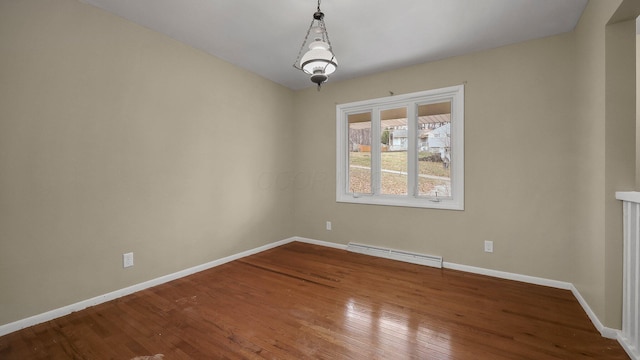 unfurnished dining area with hardwood / wood-style floors and baseboard heating